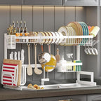 PUSDON Over Sink Dish Drying Rack Stainless Steel, Adjustable Large Dish Drainer for Storage Kitchen Organization White 2 Tier - Standard(26"-38")