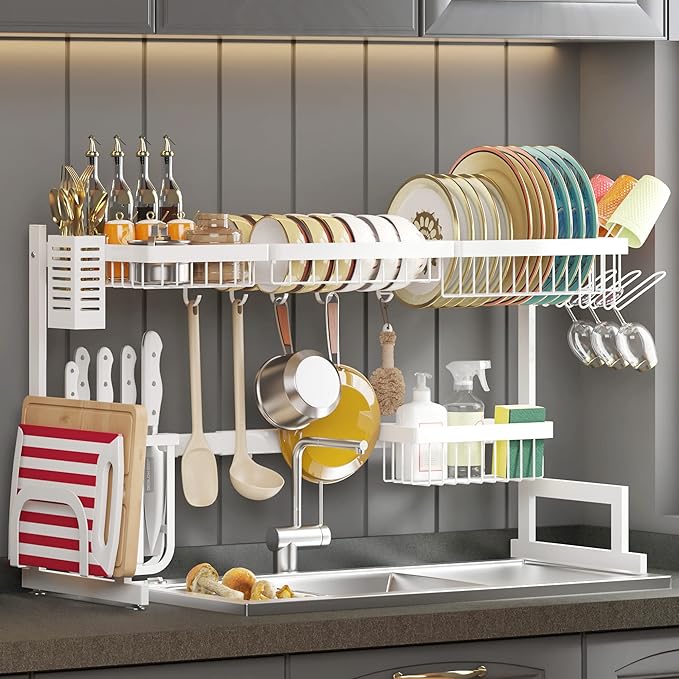 PUSDON Over Sink Dish Drying Rack Stainless Steel, Adjustable Large Dish Drainer for Storage Kitchen Organization White 2 Tier - Standard(26"-38")