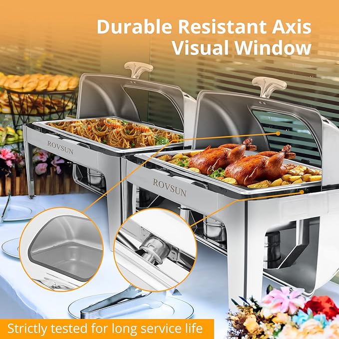 ROVSUN Roll Top Chafing Dish Buffet Set,NSF 9 Quart Rectangular Stainless Steel Chafer for Catering,Buffet Servers and Warmers Set with Glass Window for Wedding, Parties, Banquet, Events, Full Size