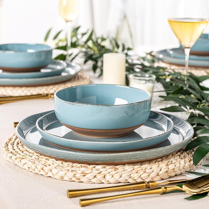 AmorArc Ceramic Dinnerware Sets for 4, 12 Pieces Handpainted Plates and Bowls Set with Rustic Terracotta Underside, Scratch Resistant Stoneware Dishes Set, Dishwasher & Microwave Safe