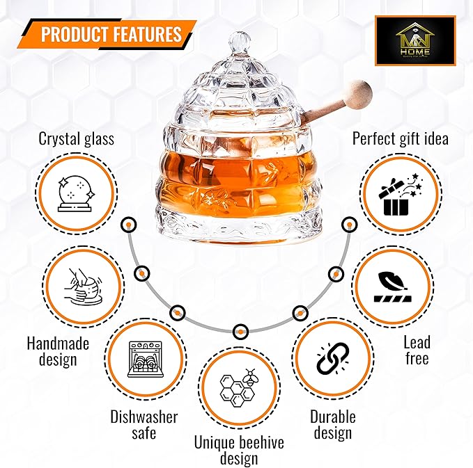 M&N HOME Honey Dish with 3 Dippers, Honey Jar, Large Glass Honey Pot storage with Lid and Inscribed Wooden Honey Dippers, Glass Honey Dispenser Thank You Gift,