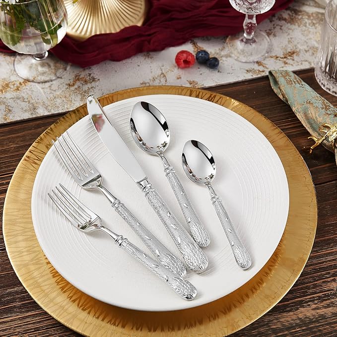 KEAWELL Premium Versailles Silverware Set, 20-Piece Flatware for 4, 18/10 Stainless Steel, Heavy-Duty, Mirror Polished, Royal Engraved Handle, For Formal Dining, Dishwasher Safe (20, Silver)
