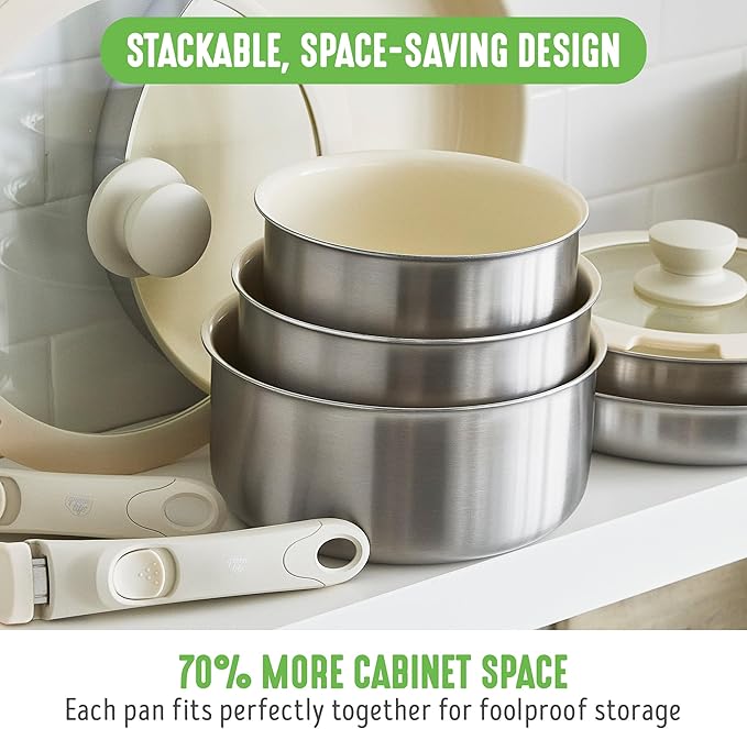 GreenLife Stainless Steel Nonstick 10 Piece Cookware Set, Detachable Handle, Induction Ready, Stackable Kitchen Set, Tri Ply Ceramic PFAS Free Pots & Pans, Space Saving, Oven Safe, Glass Lid, Silver