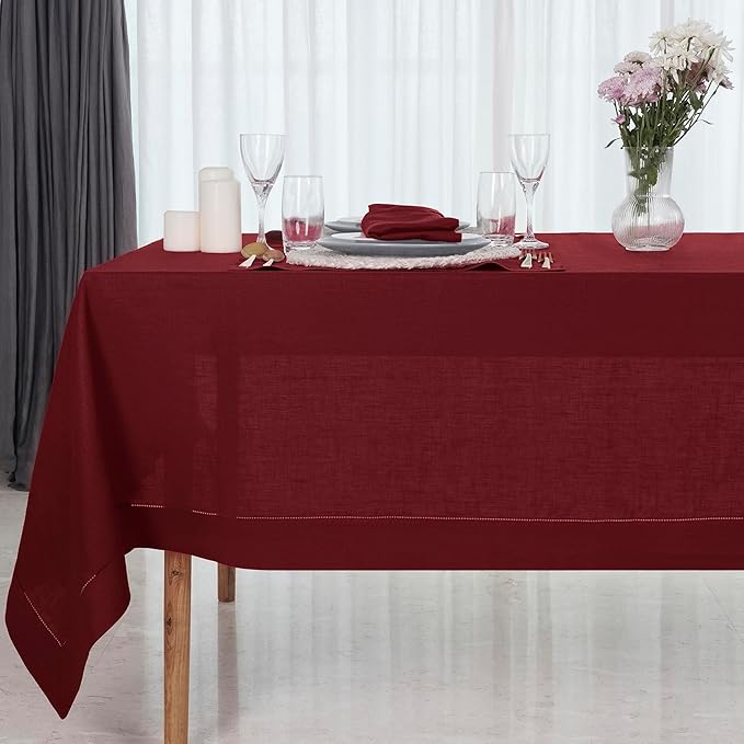 D'Moksha Homes Dark Red Linen Tablecloth for Rectangle Tables 60 x 132 Inch - 100% Pure Linen Red Table Cloth - Classic Hemstitch, Machine Washable Dining Tablecloth for Summer, Fall and Halloween
