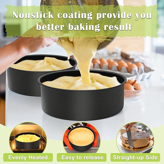 E-far 8 x 3 Inch Cake Pan Set of 3, Nonstick Stainless Steel Round Cake Pans Tin for Baking Birthday Wedding Layer Cakes, Stainless Steel Core & Non-toxic Coating, Deep & Straight Side