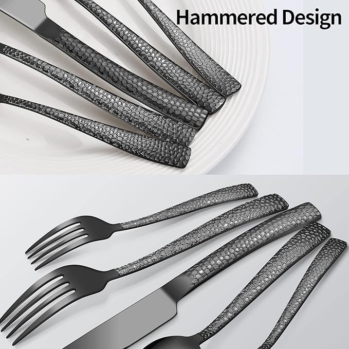 40-Piece Silverware Set, Black Hammered Stainless Steel Flatware Sets for 8, Food-Grade Tableware Set, Including Fork Knife Spoon Set, Durable Home Kitchen Cutlery Sets, Dishwasher Safe