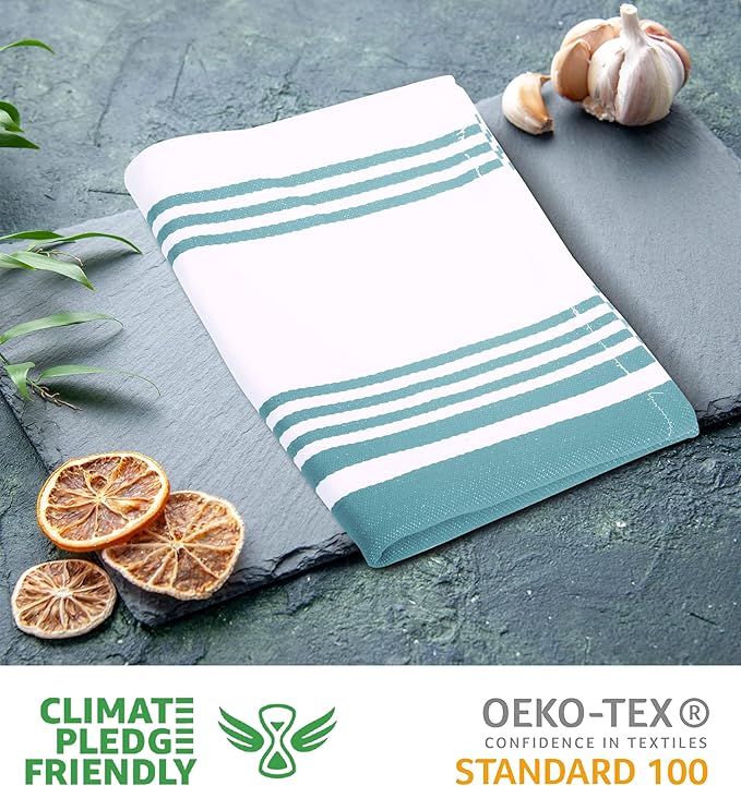 Urban Villa Kitchen Towels 100% Cotton Pack of 3, Highly Absorbent Quick Drying Super Soft Premium Dish Towels 20x30 Inch for Kitchen with Hanging Loop Hand & Tea Towels - Aqua/White