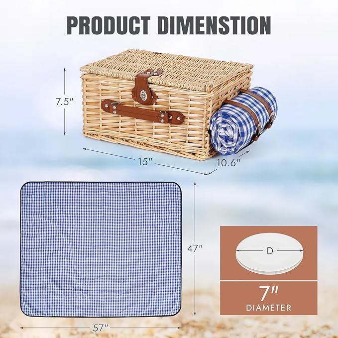 HappyPicnic Picnic Basket Set for 2 - Wicker Picnic Basket with Waterproof Blanket & Insulated Liner, Large Handmade Willow Hamper with Cutlery Kit for Outdoor, Picnic, Camping, Party, Holidays (Blue)