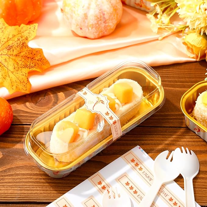 Tioncy 50 Pcs Autumn Themed Mini Pink Loaf Pans with Lids Spoons Sticker Cute Pumpkin 6.8oz Disposable Rectangle Aluminum Foil Baking Pans Muffin Cupcake Cups for Picnics Fall Birthday Party Supply