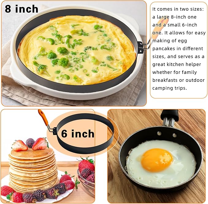 4 Pcs 6" Egg Ring 8" Pancake Mold Stainless Steel Non-stick Omelette Ring with Silicone Handle Egg Mold for Breakfast Sandwiches (Silicone Oil Brush Eggs Strainer)
