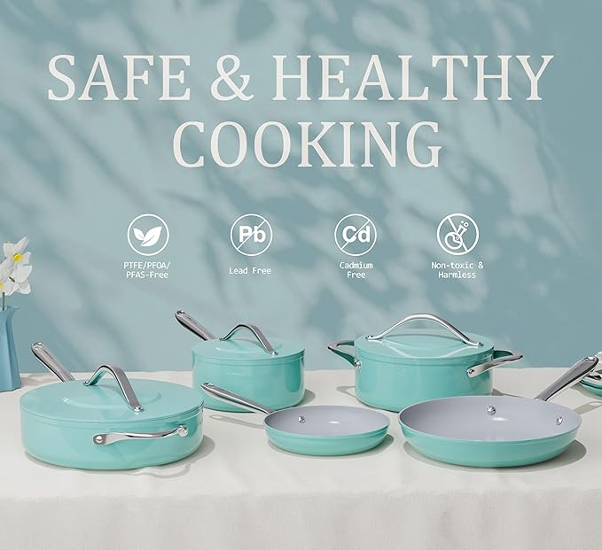 Ceramic Cookware Set Nonstick Pots and Pans Set 8 Pieces NonToxic PTFE/PFOA/PFAS Free All Cooktops Compatible Even Heat Distribution Oven Safe Up to 500°F, Caribbean Blue