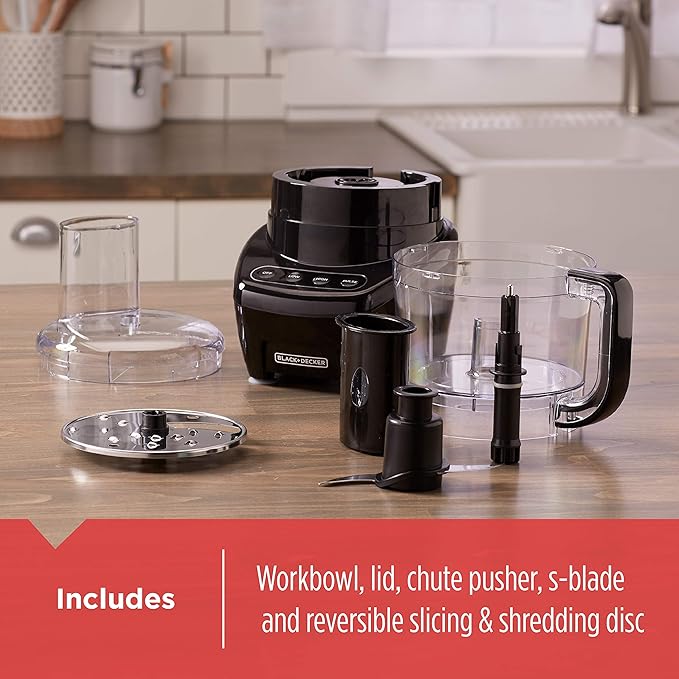 BLACK+DECKER Food Processor and Vegetable Chopper, Stainless Steel Blade, 8-Cup Capacity, 450W Power with Attachments to Shred, Slice, Mince, Grind, and Puree