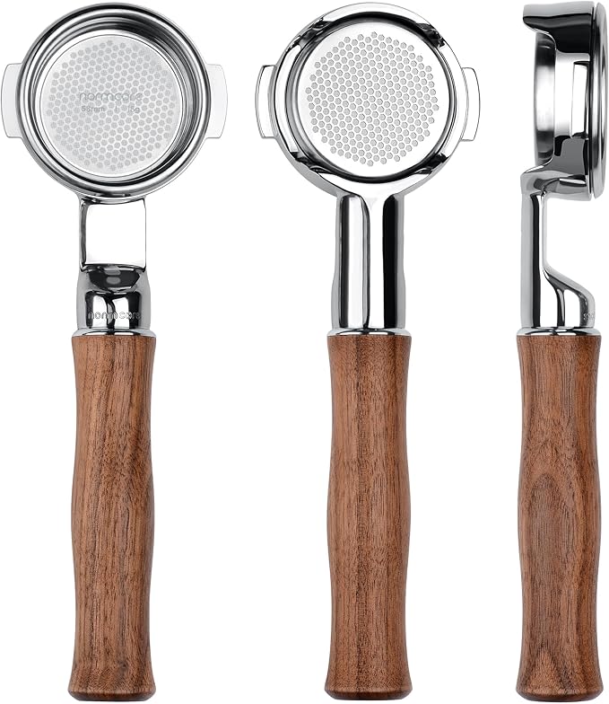 Normcore 58mm Slim Bottomless Portafilter with Elongated Neck, Fits E61 Group Head, Decent, Profitec Go, Flair 58, Ascaso, Lelit, ECM, Rocket, 18g High Extraction Basket, Walnut Handle