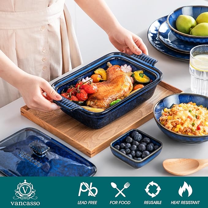 vancasso Starry Casserole Dish With Lid, 1.9 Quart Deep Lasagna Pan Ceramic Bakeware Covered Casserole Dish Blue