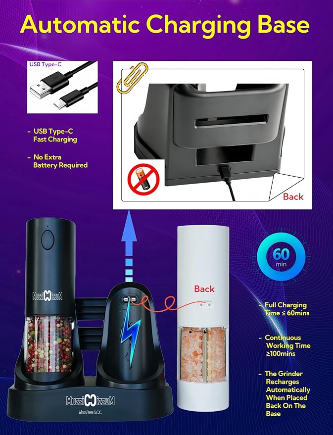 Electric Salt and Pepper Grinder Set with USB Charging Base, Upgraded 95ml Larger Capacity, Adjustable Coarseness, ABS Automatic Pepper Mill with One-Hand Operation, 2 Pack(Black+White)