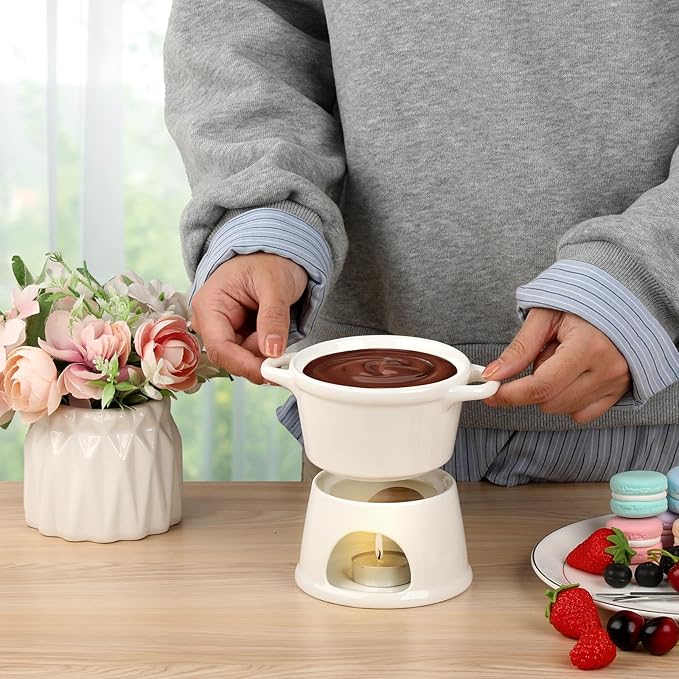 BSTKEY 300ML Ceramic Butter Warmer Set with 2 Forks, White Fondue Pot Melting Pot Set, Melt Hot Pot Bowl Set for Cheese Chocolate Butter Caramel