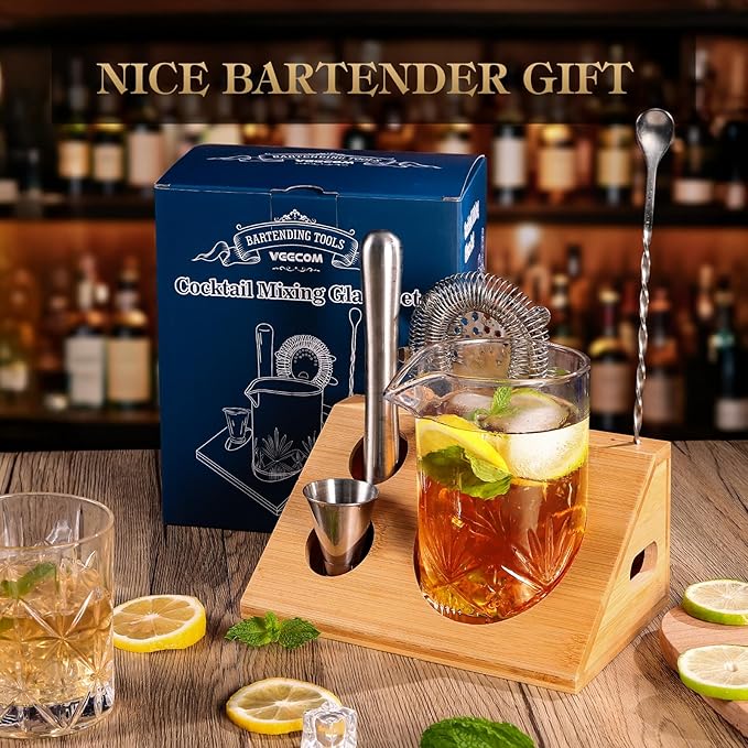 Cocktail Mixing Glass, veecom 6 Piece Crystal Bar Mixing Glass Bartender Set with Bamboo Stand, 18oz Old Fashioned Kit Cocktail Beaker Glass Set with Strainer, Muddler, Spoon, Jigger