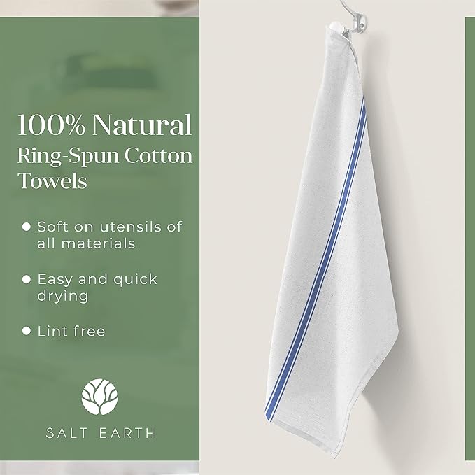 Salt Earth Kitchen Towels Cotton Dish Towel Size 24x14 Inches Set of 6 100% Ring Spun Cotton Absorbent Quick Dry Herringbone Weave Lint Free Washable Dishcloth Hanging Loop Color White & Blue Stripe