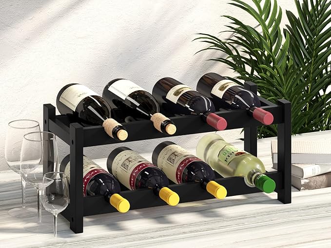 BAMEOS Wine Rack Freestanding 8 Bottle 2 Tier Bamboo Wine Racks Countertop Cabinet Wine Holder Wine Storage Shelf for Kitchen, Bar, Pantry, Wine Cellar, Countertop Black (16.85 L x 9.25W x 7H)