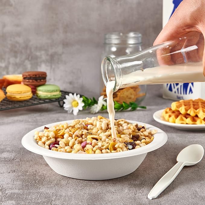 ECOLipak 150 Pack Compostable Disposable Paper Bowls, 12 OZ Heavy duty Biodegradable Eco Friendly Sugarcane Bagasse Bowls Great for Soup, Salad, Milk Cereals