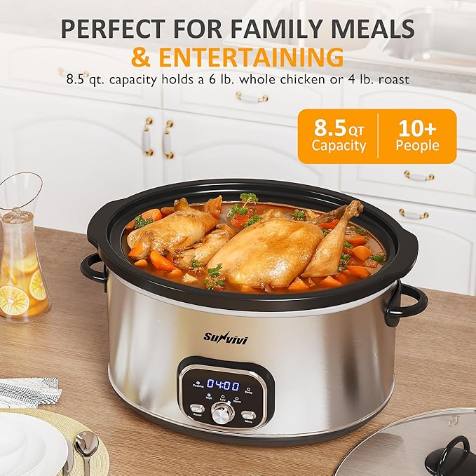 Sunvivi Slow Stew Pot - Electronic - Stainless Steel Color -8.5 QT: Multi-Cooker Food Warmer with Delay Function, Adjustable Tempature Control, Dishwasher Safe, Perfect for Families, Sliver