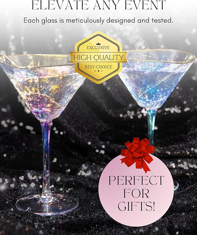 Sisterly Drinkware Iridescent Hammered Martini Glasses Set of 2 – Handmade Gold Rim Cocktail Glasses with 2 Gold-Plated Picks & 2 Coasters – 8 oz Elegant Barware for Martinis, Cocktails & Mocktails