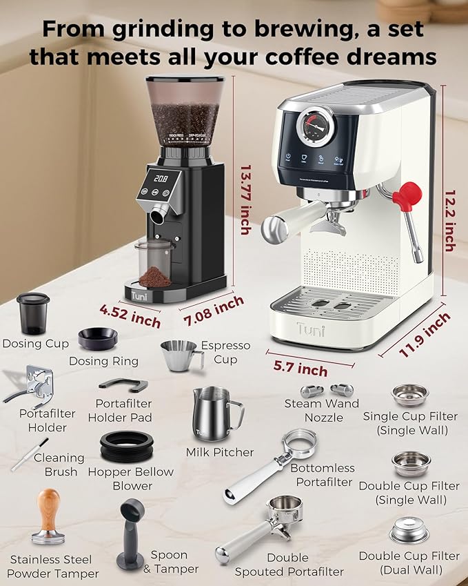 Tuni E2 𝑬𝒔𝒑𝒓𝒆𝒔𝒔𝒐 𝑴𝒂𝒄𝒉𝒊𝒏𝒆 with G1 Noir 𝑪𝒐𝒏𝒊𝒄𝒂𝒍 𝑪𝒐𝒇𝒇𝒆𝒆 𝑮𝒓𝒊𝒏𝒅𝒆𝒓 and 𝑩𝒐𝒕𝒕𝒐𝒎𝒍𝒆𝒔𝒔 𝑷𝒐𝒓𝒕𝒂𝒇𝒊𝒍𝒕𝒆𝒓 Set | 48 Grind Settings | Professional Home Barista Kit