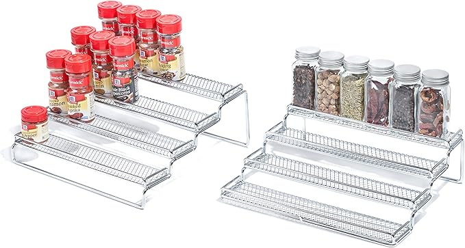 GONGSHI Spice Rack Organizer for Cabinet, 4 Tier Seasoning Organizer, Expandable Shelf,Step Storage Holder, Kitchen Cabinet Countertop,with Protection Railing, Metal (Chrome2 PC)