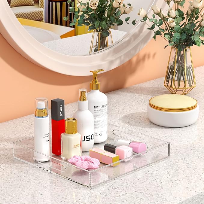 NIUBEE Acrylic Serving Tray 15x15 Inches -Spill Proof- Clear Decorative Tray Organiser for Ottoman Coffee Table Countertop with Handles