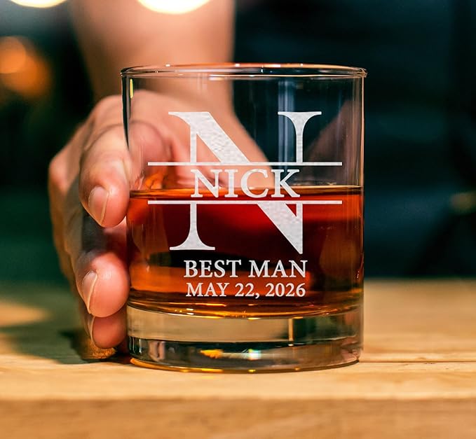 Set Of 2, Personalized Whiskey Glass For Groomsman Gifts, Best Man, Groom, 11oz Old Fashioned Custom Monogrammed Whiskey Glass