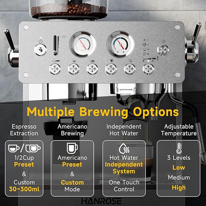 Espresso Machine with Grinder, 20Bar Espresso Machine Stainless Steel, Coffee Machine with Milk Frother for Latte/Cappuccino, Adjustable Temperature, Independent Hot Water & Americano Function