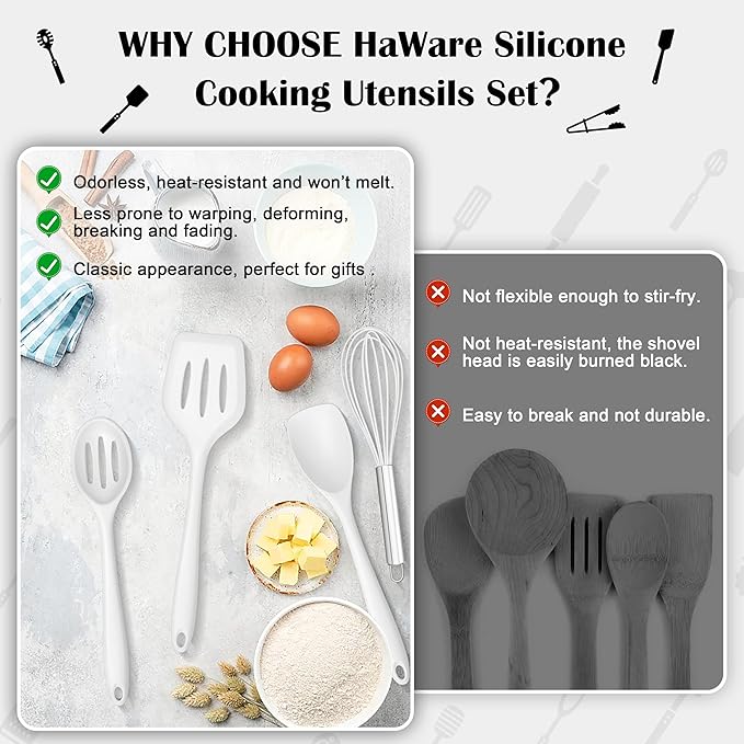 HaWare Kitchen Utensils, 14 PCS Silicone Cooking Utensils Set, Heat Resistant Kitchen Utensils for Non-stick Cookware, Kitchen Gadgets Tools with Spoons, Spatulas, Whisk, Dishwasher Safe (White)