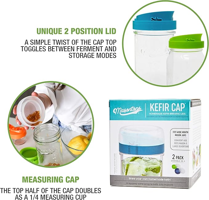Masontops Kefir Caps - Wide Mouth Mason Jar Lids - Water Kefir Grains Strainer Mason Jar Kefir Jar - Home Water Kefir Starter Kit Kefir Fermenter Container - 4 Pack