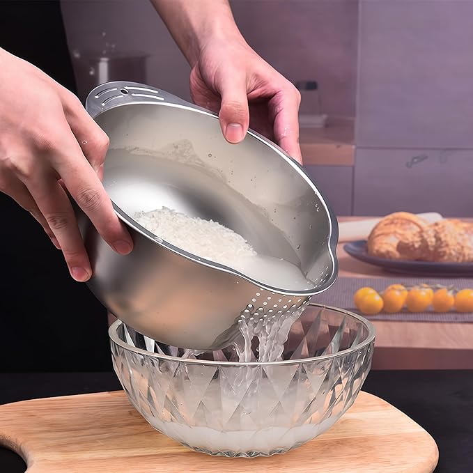 Rice Washer Strainer Bowl, Stainless Steel Washing Bowl for Rinsing Quinoa, Side Drainers Colander for Cleaning Fruits, Vegetables, and Beans - Versatile Kitchen Gadgets