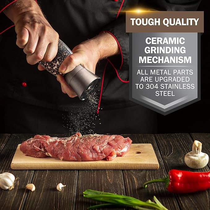 Home EC Original Gun Metal Bronze Salt and Pepper Grinder Set of 2 - Adjustable Ceramic Grinder - Glass Salt and Pepper Shakers With Funnel and Ebook - Spice Mill - Bronze Kitchen Accessories