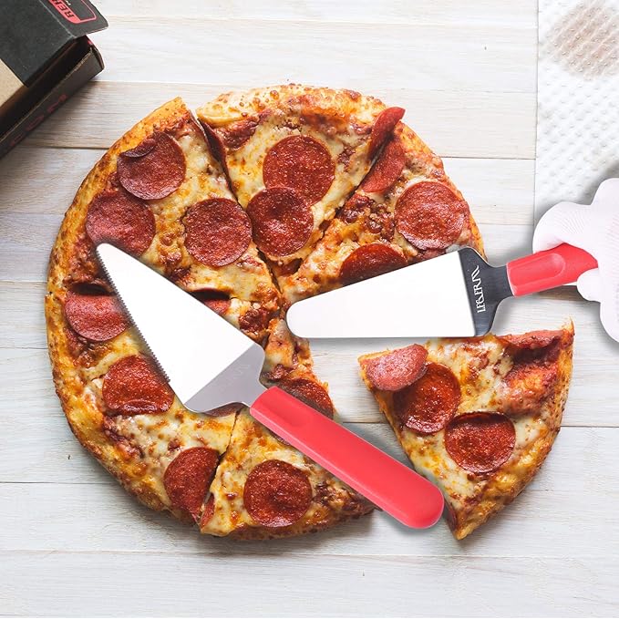 Professional Stainless Steel Pie Spatula Server - 2-Pack Red Cake Cutter & Pizza, Dessert Serving Knife Set - Dishwasher Safe Kitchen Tool