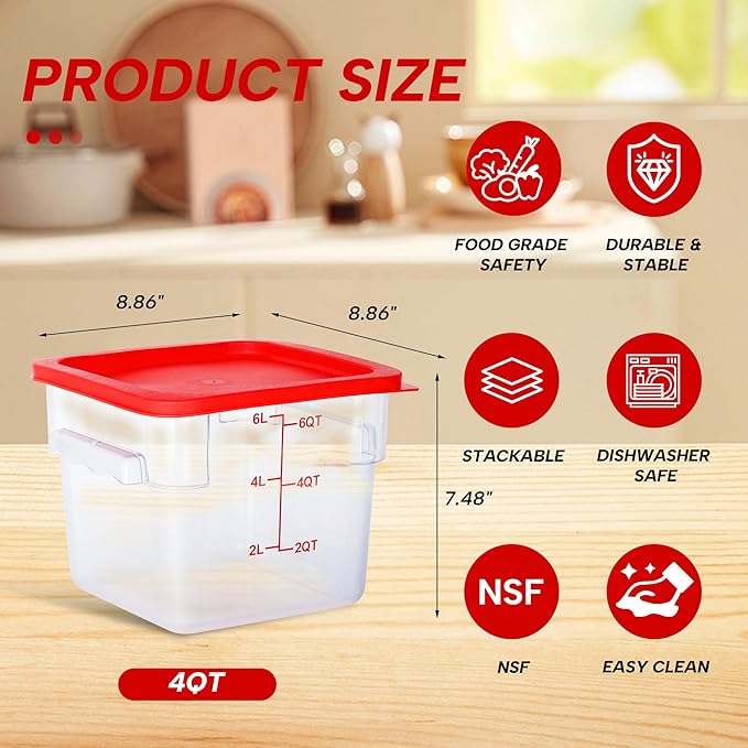 4 Pack 6 Quart Food Storage Containers with Lids, Polycarbonate Square Commercial Food Containers, NSF, Clear, New Version