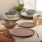 Gibson Elite Clover Hill 12-Piece Stoneware Dinnerware Set – Assorted Colors in Sage Green, Charcoal, Taupe & Cream – Embossed Reactive Glaze Plates & Bowls, Microwave & Dishwasher Safe, Service for 4