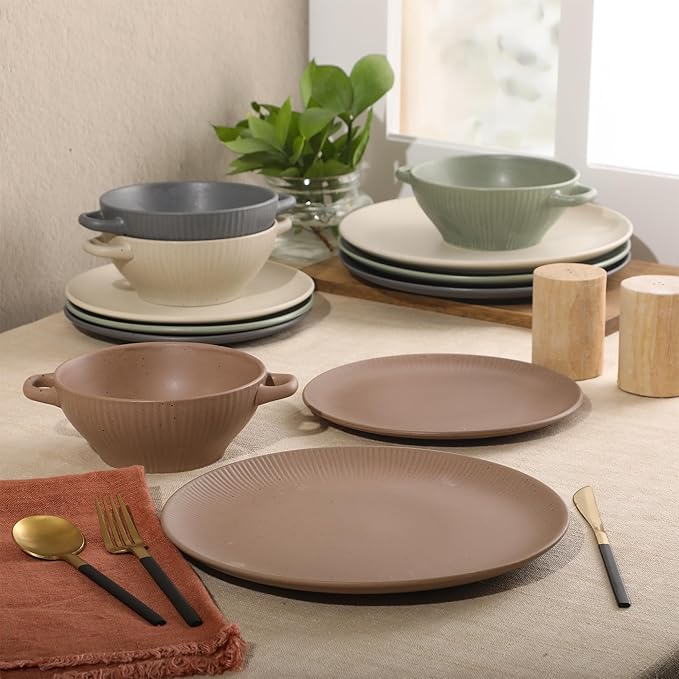 Gibson Elite Clover Hill 12-Piece Stoneware Dinnerware Set – Assorted Colors in Sage Green, Charcoal, Taupe & Cream – Embossed Reactive Glaze Plates & Bowls, Microwave & Dishwasher Safe, Service for 4