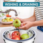 E-far Colander with Mixing Bowl Set, 4-1 Stainless Steel Colander Strainers Bowl with Graters for Kitchen, Rotatable Food Strainer Bowl for Rinsing Fruits Vegetables/Draining Pasta - Blue