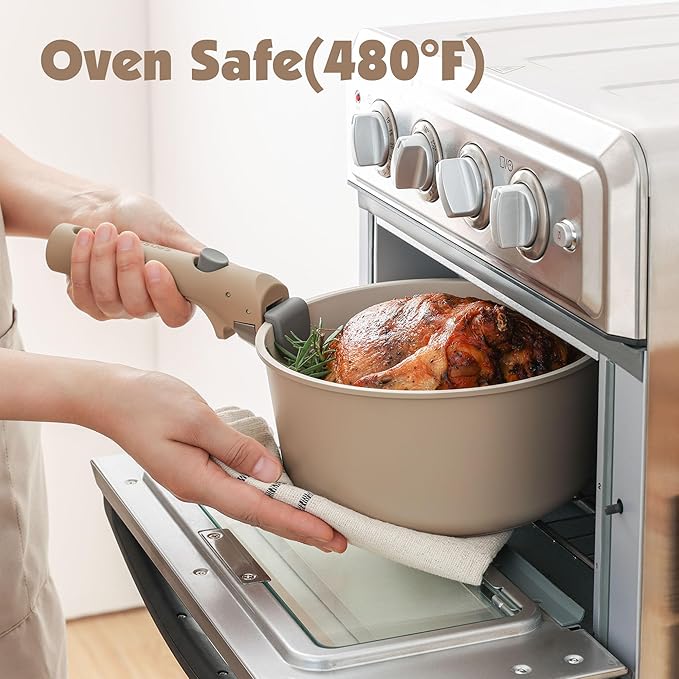 SENSARTE 24 Piece Ceramic Pots and Pans Set, Nonstick Detachable Handle Cookware, Induction Cookware Set with Removable Handle, Healthy Non Stick for RV, Dishwasher＆Oven Safe, PFOA Free (Almond Beige)