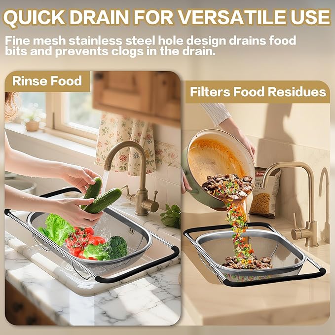 Over the Sink Colander - Strainers and Colanders - Stainless Steel Strainer - Expandable Sink Colander with Rubber Grip for Strain, Drain, Rinse Fruits, Vegetables, Home Kitchen Essentials