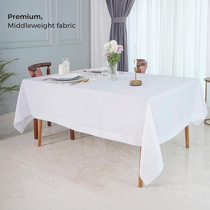 D'Moksha Homes White Linen Tablecloth for Rectangle Tables 60 x 84 Inch - Classic Hemstitch 100% Pure Linen White Table Cloth - Machine Washable Dining Tablecloth for Summer, Fall and Halloween