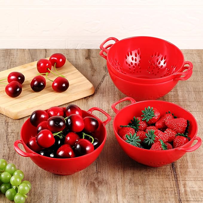 Baderke 4 Pack Mini Colander for Kitchen Plastic Berry Strainer with Double Handles 7.5 x 6 x 3 Inch Small Colander Strainer for Fruits Vegetables Food (Red)