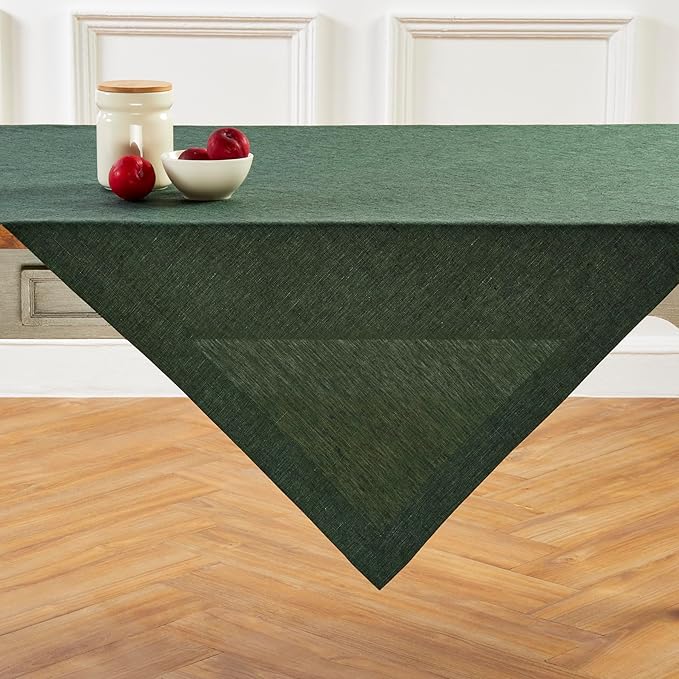 Solino Home Linen Cloth Tablecloth 52 x 52 Inch - 100% Pure Linen Forest Green Square Tablecloth - Athena, Machine Washable Table Throw for Fall, Autumn