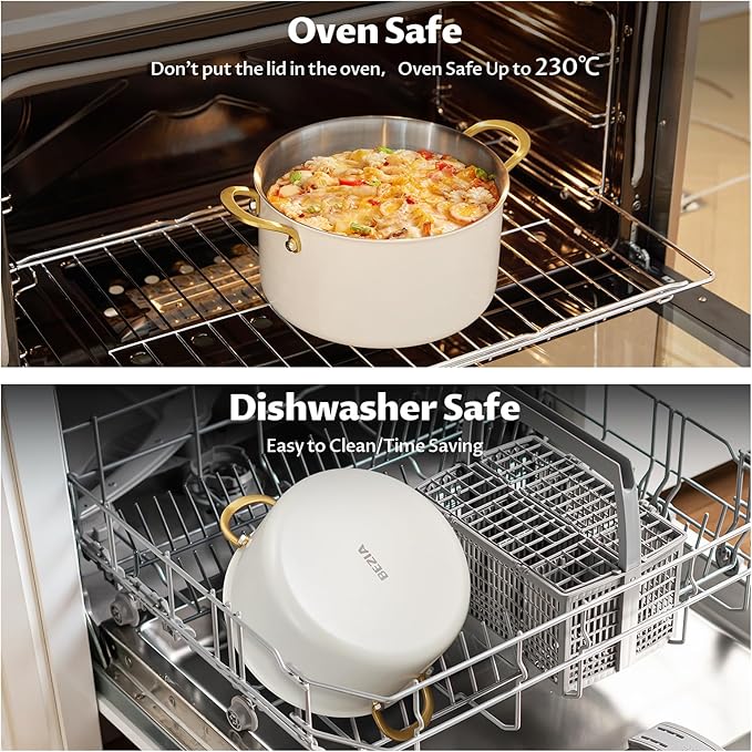 BEZIA 8 Quart Tri-Ply Stainless Steel Pot with Lid, Sturdy & Double Handle, Compatible with Most Cooktops, Even Heat Distribution, Perfect for Stews, Simmering & Soups