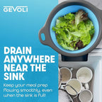 Strainer with Self-Draining Base (5QT) Over-Sink Collapsible Kitchen Colander Set with Side-drain Base for Pasta Vegetables and Fruit, XL Large Capacity, Dishwasher Safe (5-Quart) Blue/Gray