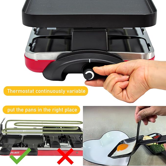 TAMARIT Classic 8 Person Raclette Grill 1500W Electric Tabletop Grill with Reversible Plate, 8 Non-Stick Raclette Trays & Spatulas Indoor Portable Korean BBQ Barbecue Grill, Party Grill Red