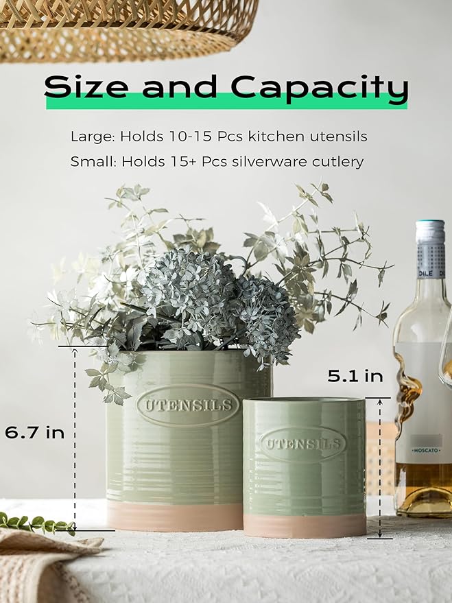 YHOSSEUN Kitchen Utensil Holder, 6.7"+5.1" Ceramic Utensil Holder for Kitchen Counter, Oval Cooking Utensil Crocks for Countertop, Utensil Storage Organizer Set of 2, Green