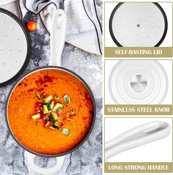 E-far Enameled Cast Iron Sauce Pan, 2 Quart Dutch Oven Saucepan with Lid, Small Sauce Pot for Cooking, Boiling, Healthy & Non Toxic, Induction & Oven Safe, White